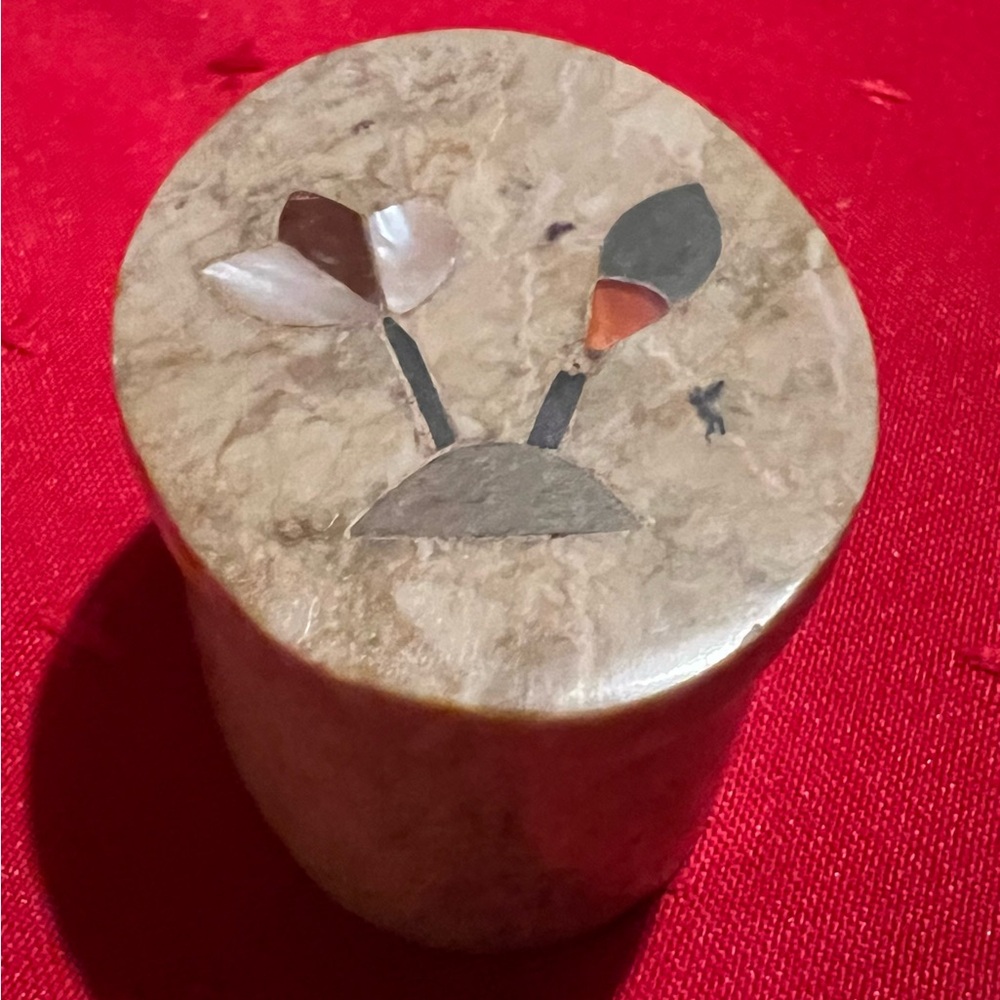 Vintage Soapstone Trinket Jewelry Box Floral Inlay Design, Oval Container